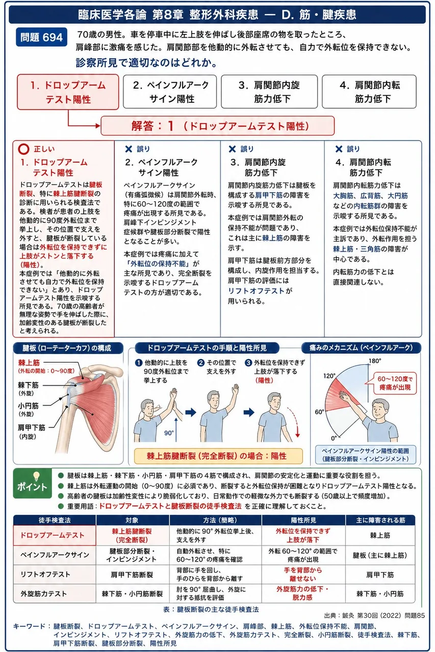 鍼灸 第30回(2022) 問題85|「70歳の男性。車を停車中に左上肢を伸ばし後部座席の物を取ったところ、肩峰部に激痛を感じた。肩関節部を他動的に外転させても、自力で外転位を保持できない。」診察所見で適切なのはどれか。 解説図