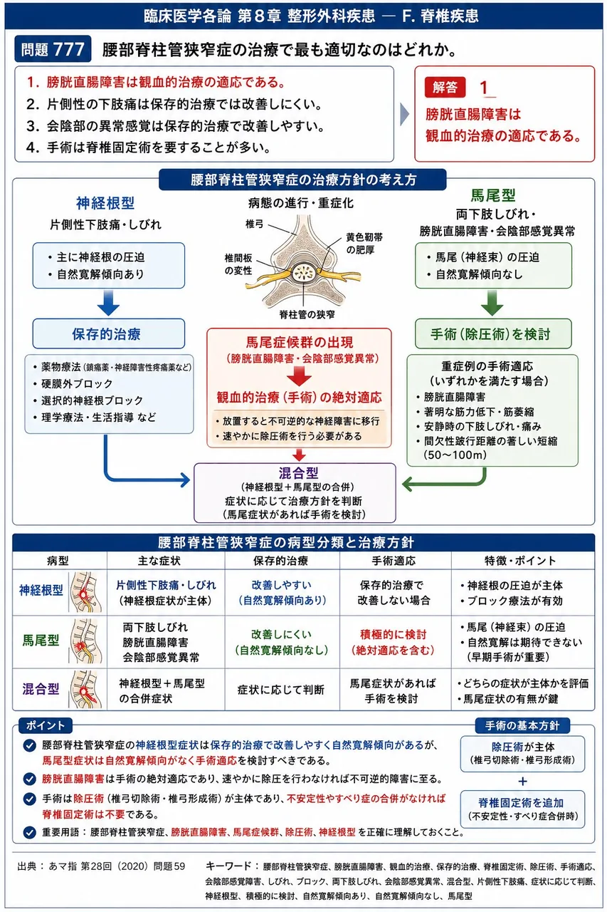 あマ指 第28回(2020) 問題59|腰部脊柱管狭窄症の治療で最も適切なのはどれか。 解説図