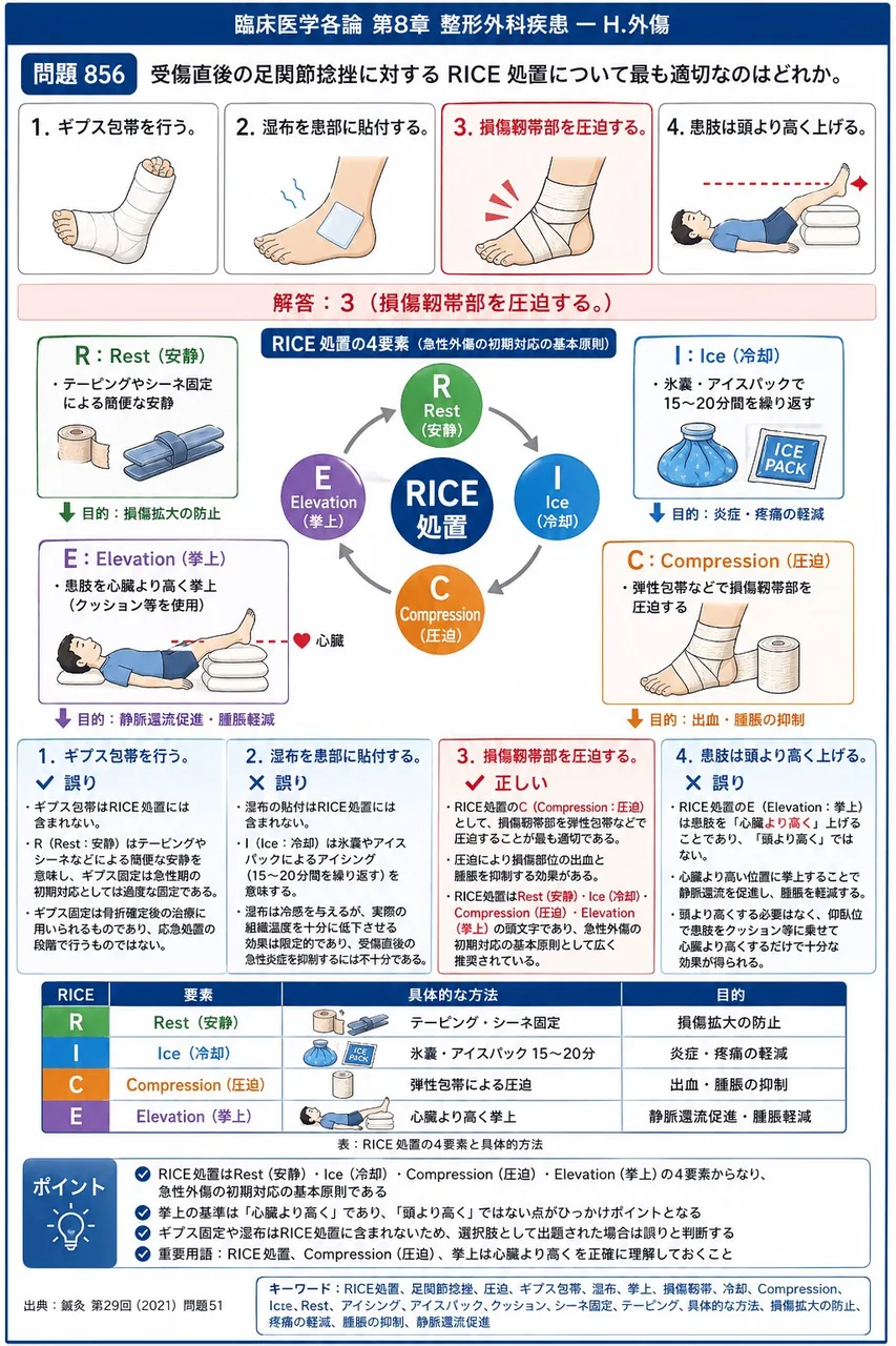 鍼灸 第29回(2021) 問題51|受傷直後の足関節捻挫に対する RICE 処置について最も適切なのはどれか。 解説図