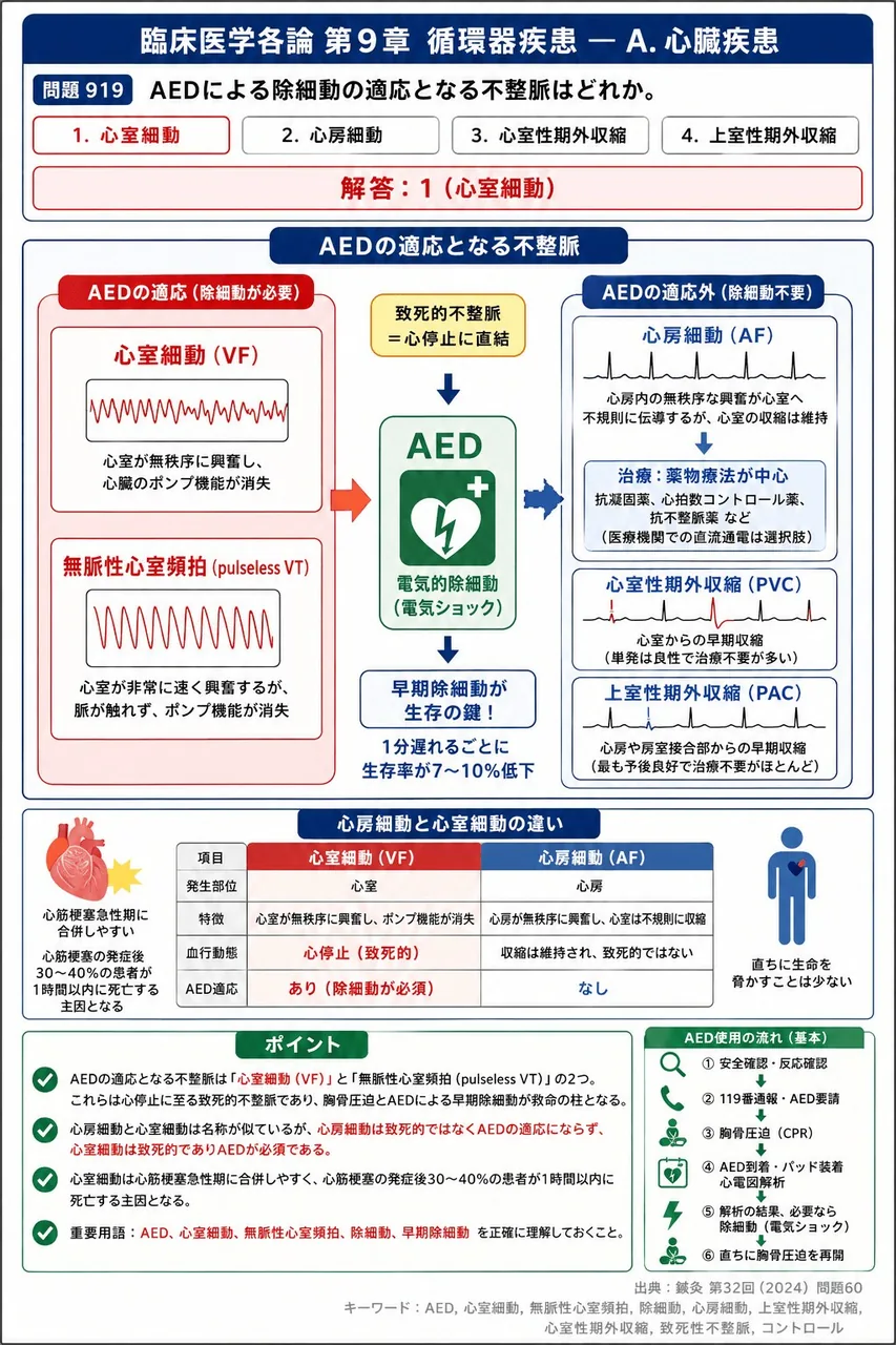 鍼灸 第32回(2024) 問題60｜AEDによる除細動の適応となる不整脈はどれか。 解説図