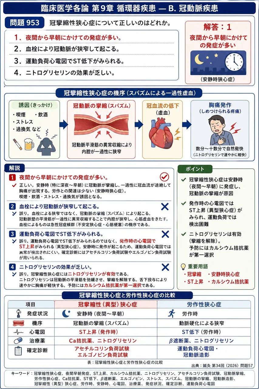 鍼灸 第34回(2026) 問題57｜冠攣縮性狭心症について正しいのはどれか。 解説図