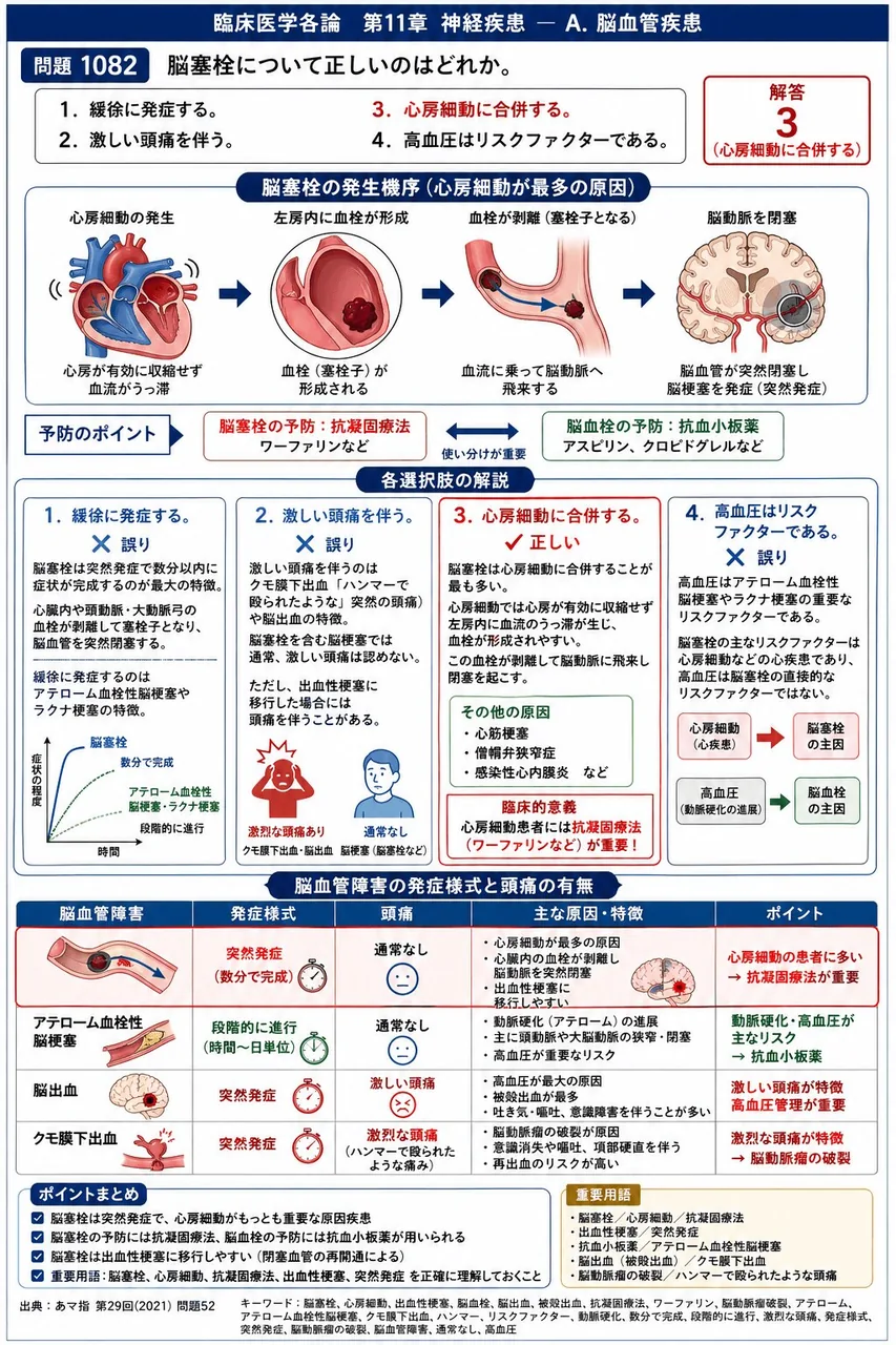 あマ指 第29回(2021) 問題52|脳塞栓について正しいのはどれか。 解説図
