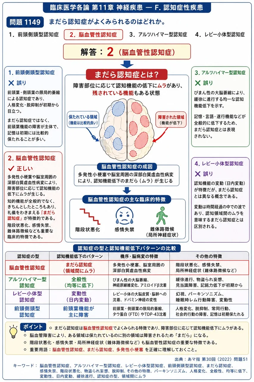 あマ指 第30回(2022) 問題51｜まだら認知症がよくみられるのはどれか。 解説図