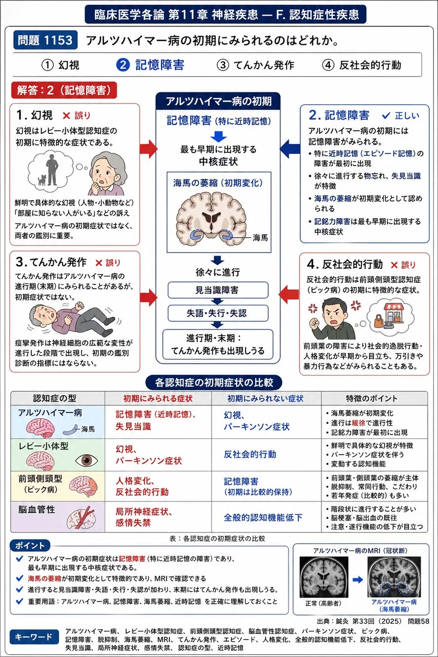 鍼灸 第33回(2025) 問題58|アルツハイマー病の初期にみられるのはどれか。 解説図