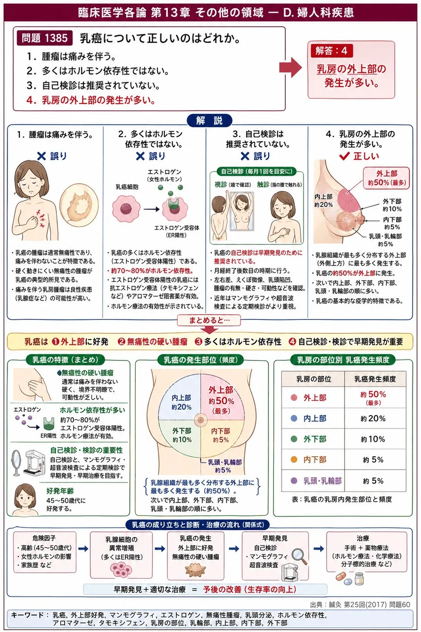 鍼灸 第25回(2017) 問題60｜乳癌について正しいのはどれか。 解説図