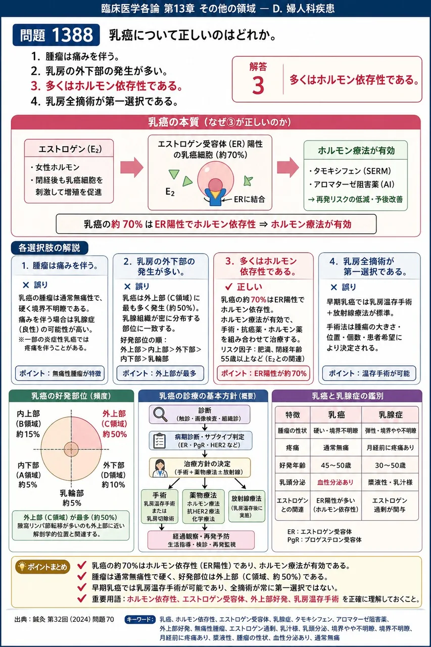 鍼灸 第32回(2024) 問題70|乳癌について正しいのはどれか。 解説図