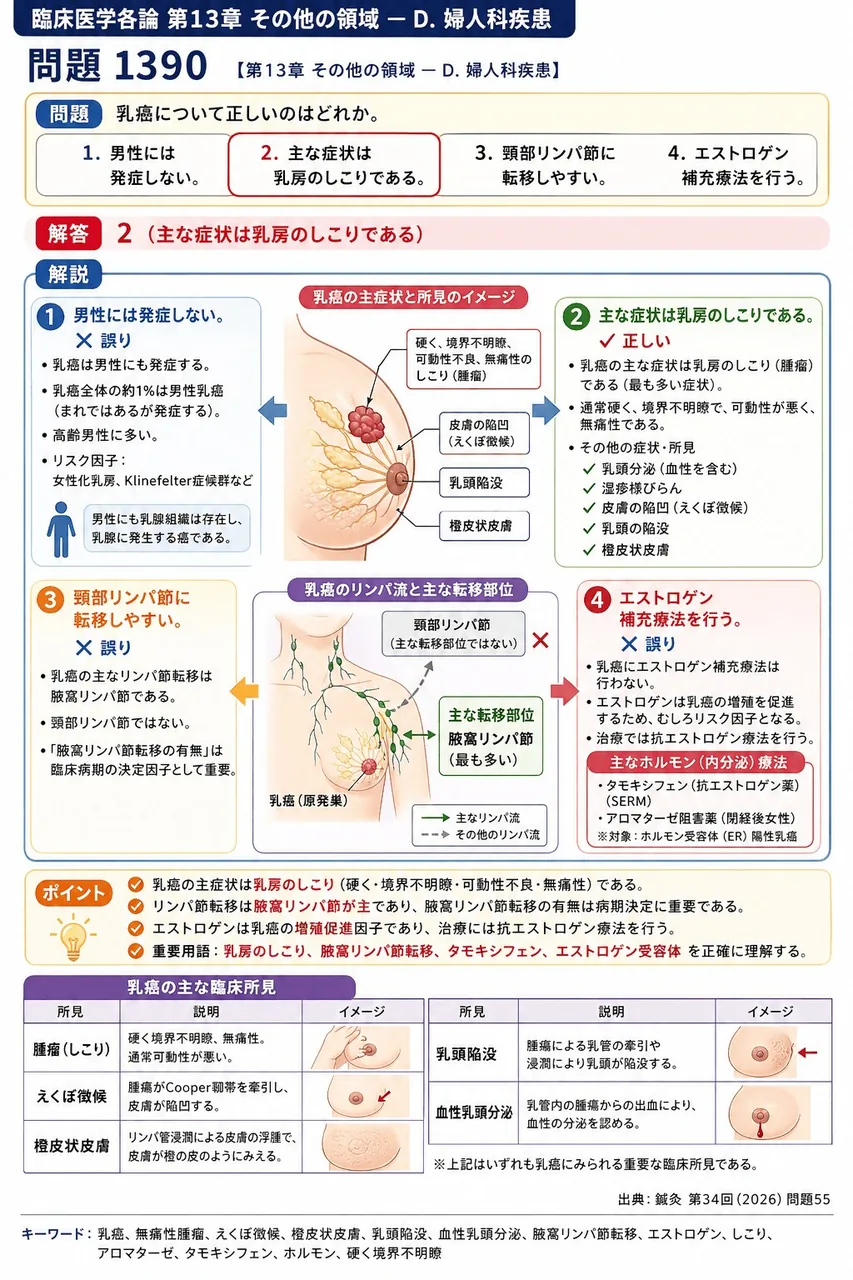 鍼灸 第34回(2026) 問題55|乳癌について正しいのはどれか。 解説図