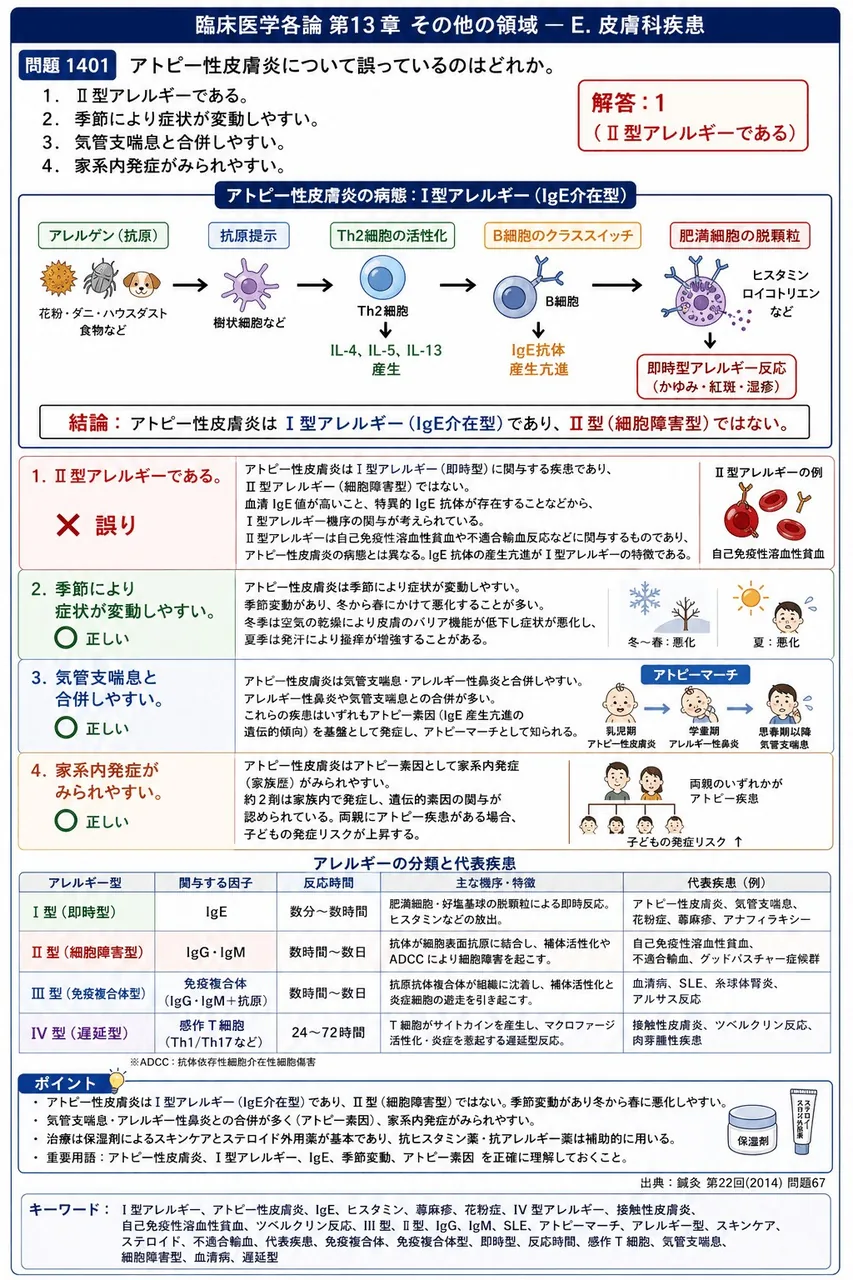 鍼灸 第22回(2014) 問題67|アトピー性皮膚炎について誤っているのはどれか。 解説図