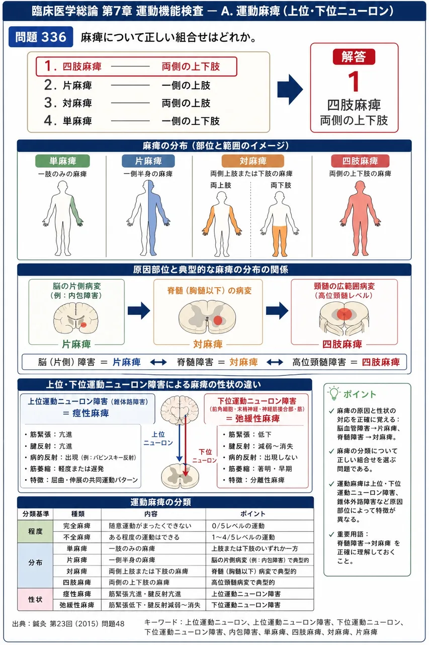 鍼灸 第23回(2015) 問題48|麻痺について正しい組合せはどれか。 解説図