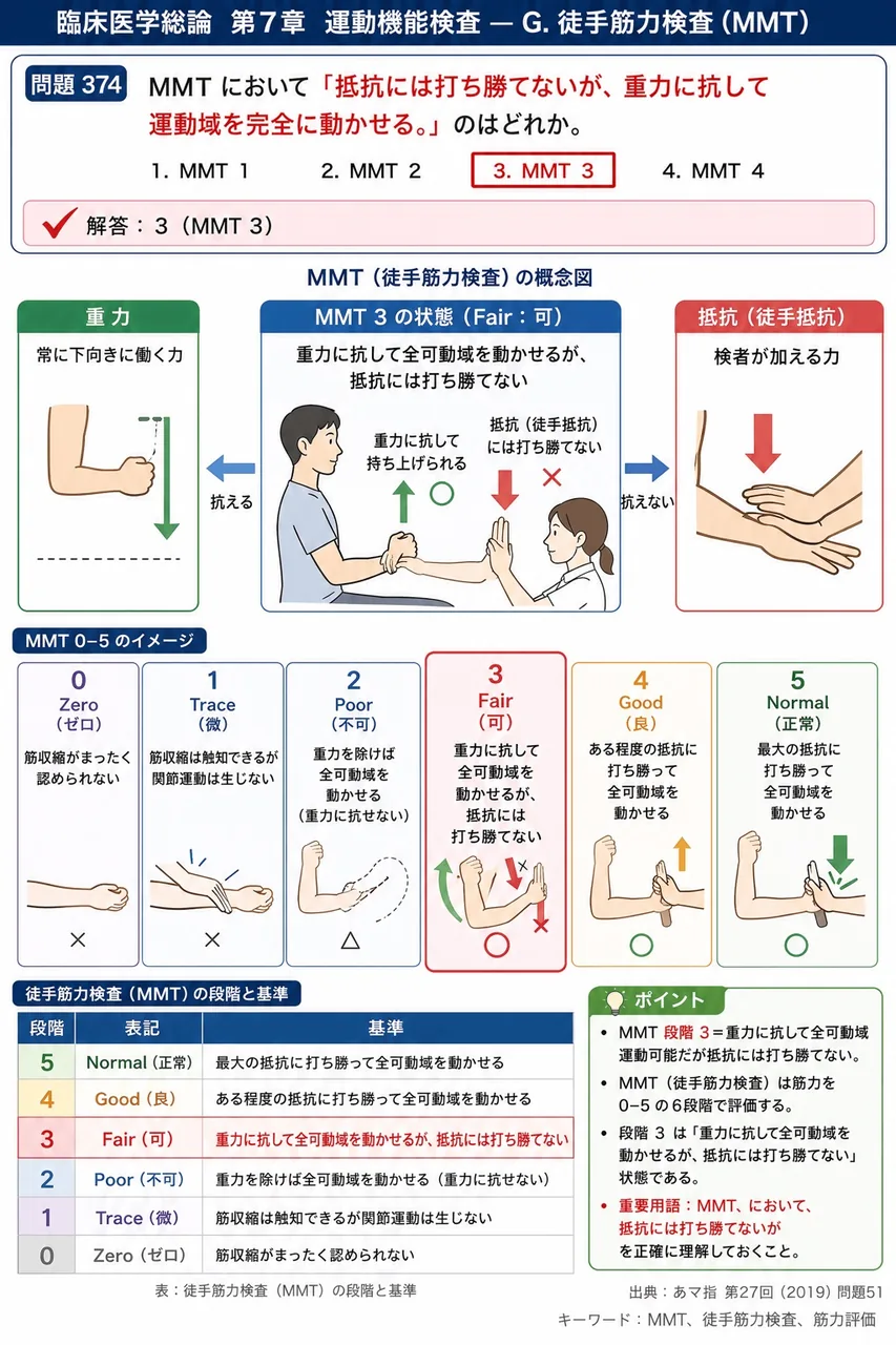 あマ指 第27回(2019) 問題51|MMT において「抵抗には打ち勝てないが、重力に抗して運動域を完全に動かせる。」のはどれか。 解説図