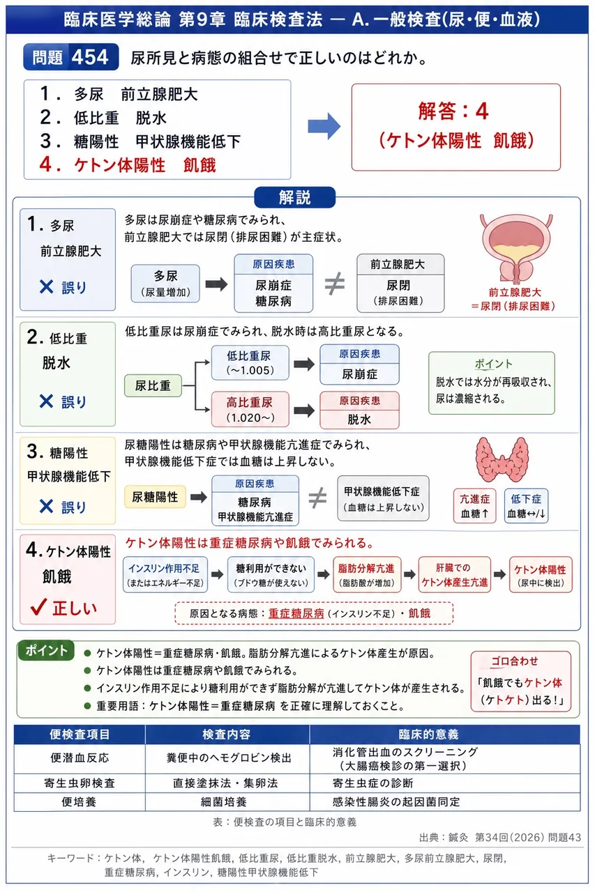 鍼灸 第34回(2026) 問題43|尿所見と病態の組合せで正しいのはどれか。 解説図