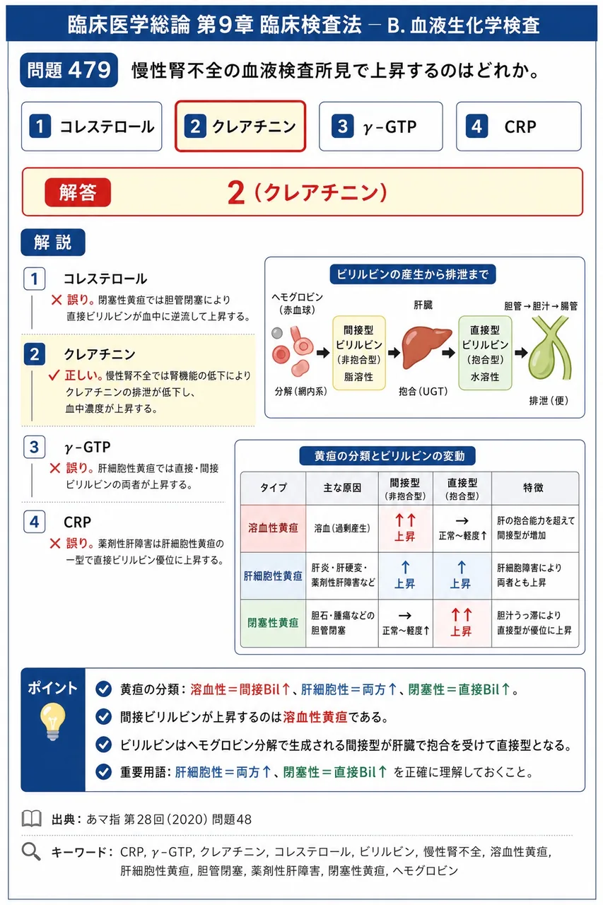 あマ指 第28回(2020) 問題48｜慢性腎不全の血液検査所見で上昇するのはどれか。 解説図