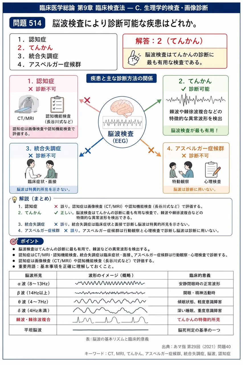 あマ指 第29回(2021) 問題40|脳波検査により診断可能な疾患はどれか。 解説図