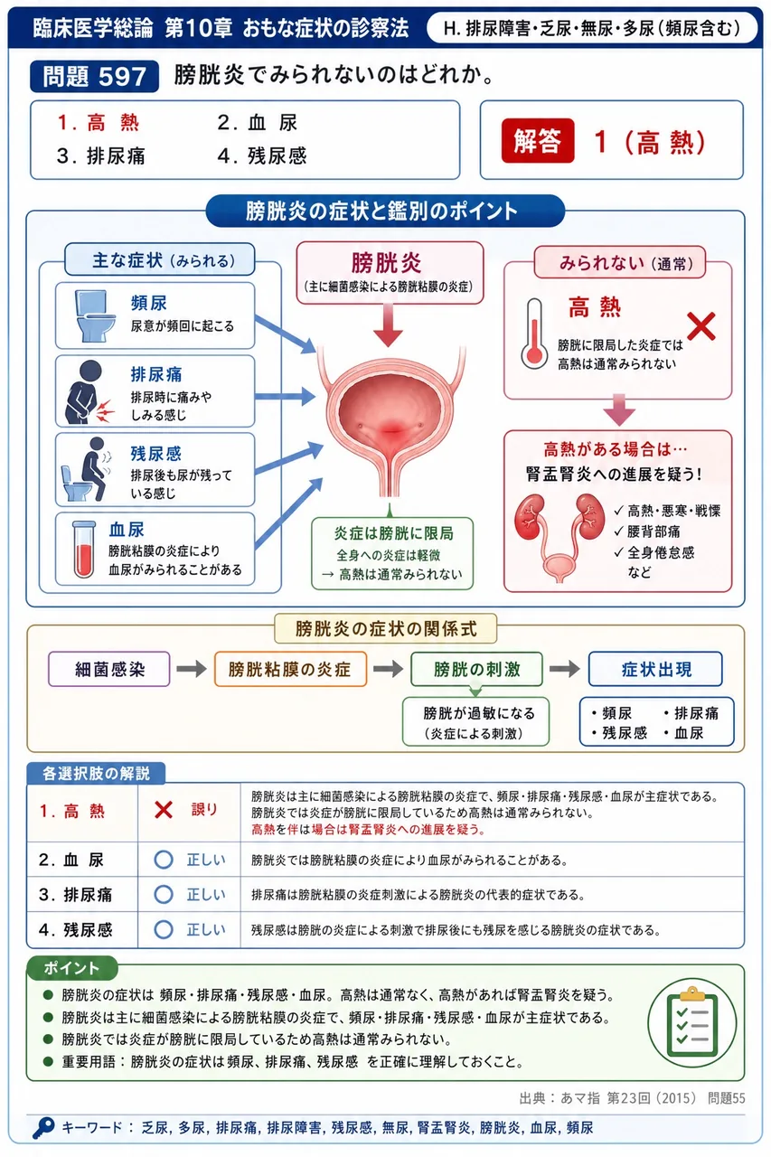 あマ指 第23回(2015) 問題55｜膀胱炎でみられないのはどれか。 解説図