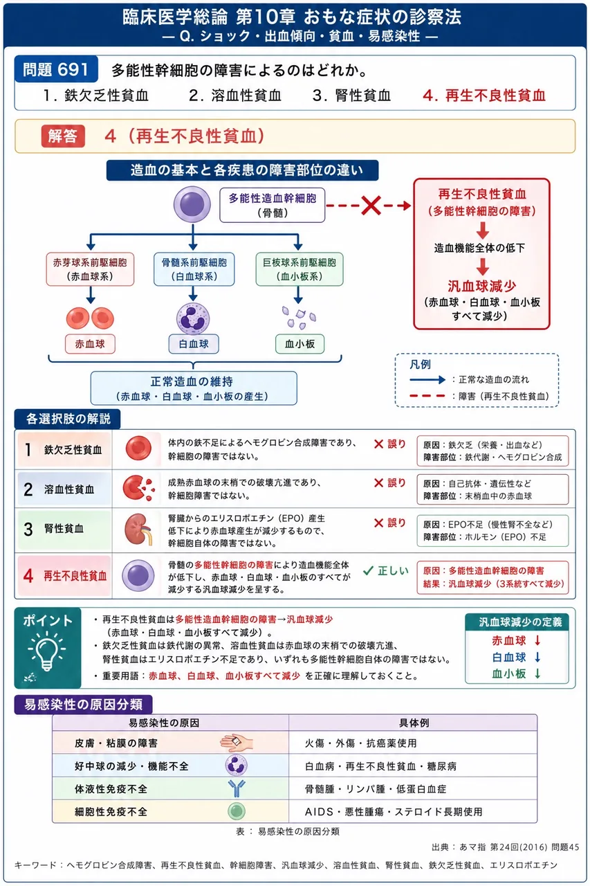 あマ指 第24回(2016) 問題45|多能性幹細胞の障害によるのはどれか。 解説図
