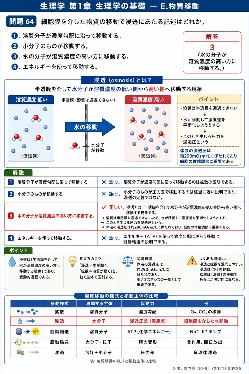 あマ指 第29回(2021) 問題25|細胞膜を介した物質の移動で浸透にあたる記述はどれか。 解説図