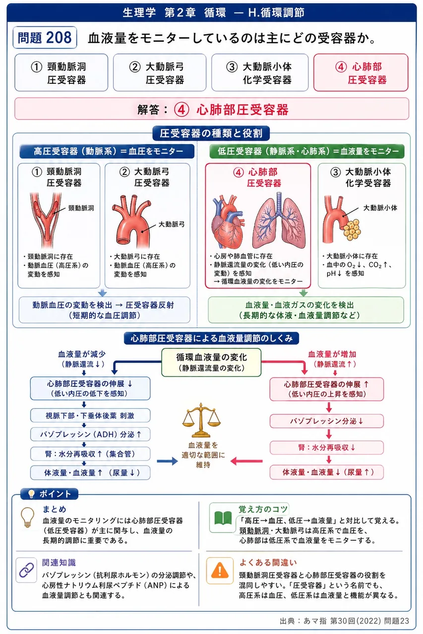あマ指 第30回(2022) 問題23｜血液量をモニターしているのは主にどの受容器か。 解説図