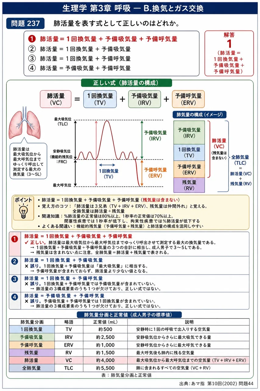 あマ指 第10回(2002) 問題44｜肺活量を表す式として正しいのはどれか。 解説図