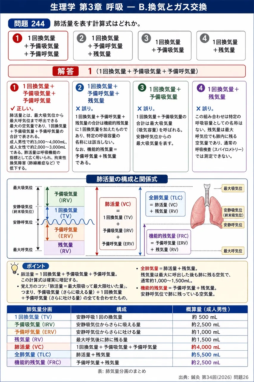 鍼灸 第34回(2026) 問題26|肺活量を表す計算式はどれか。 解説図