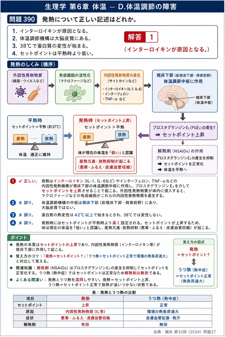 鍼灸 第32回(2024) 問題27｜発熱について正しい記述はどれか。 解説図