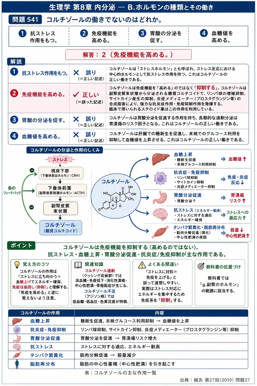 鍼灸 第27回(2019) 問題37|コルチゾールの働きでないのはどれか。 解説図