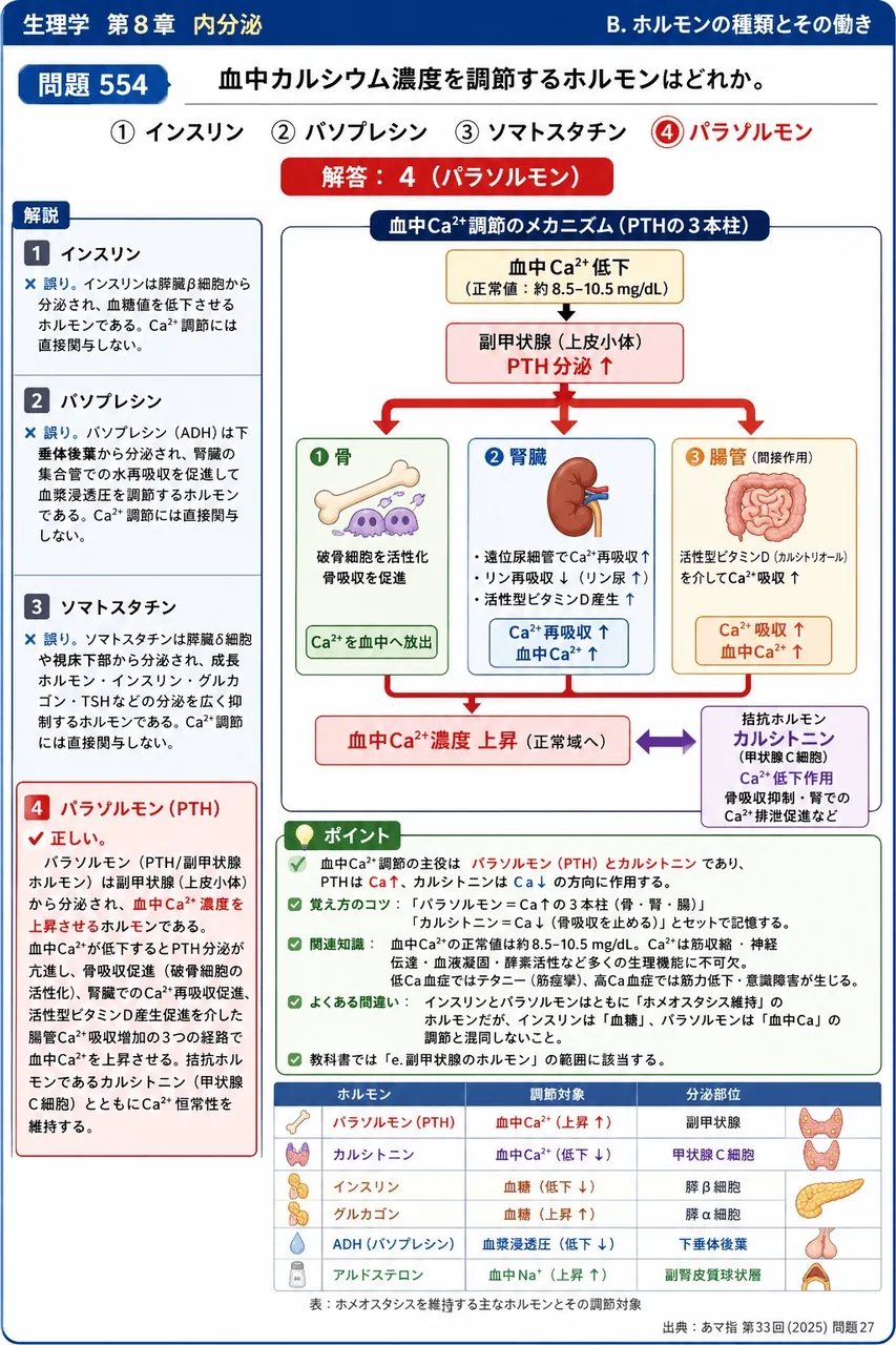 あマ指 第33回(2025) 問題27｜血中カルシウム濃度を調節するホルモンはどれか。 解説図