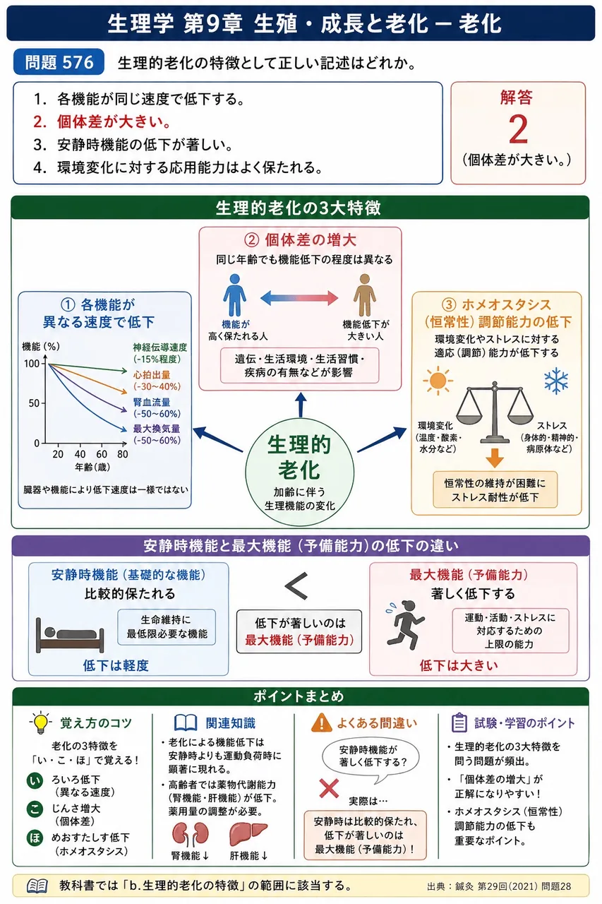 鍼灸 第29回(2021) 問題28｜生理的老化の特徴として正しい記述はどれか。 解説図